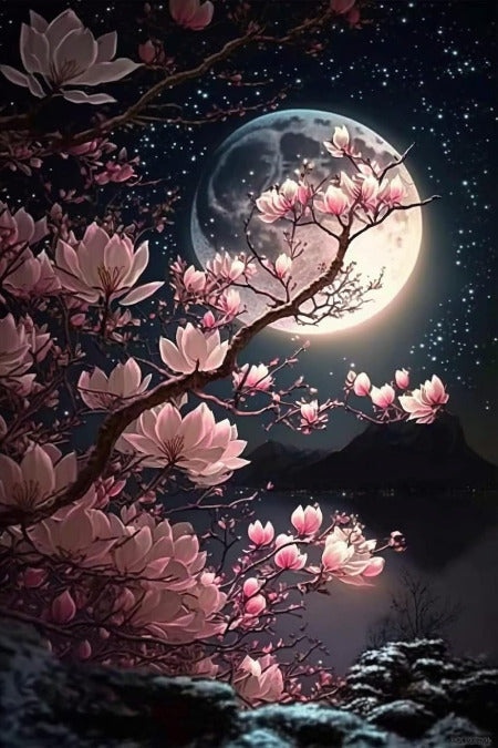 Moonlit floral diamond painting kit – elegant flowers with glowing moon night background