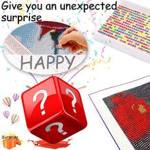 Load image into Gallery viewer, Collage of diamond painting kits with a red die with question marks and text &#39;Give you an unexpected surprise&#39;.
