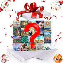 Load image into Gallery viewer, Collage of nature and animal images with a red question mark, surrounded by gift boxes and confetti on a white background.
