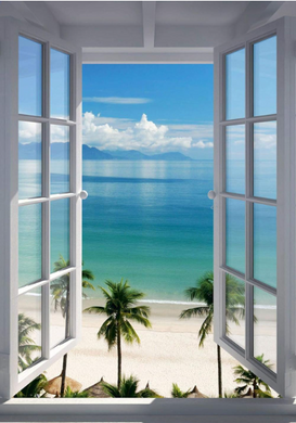Ocean view from window diamond painting kit – coastal beach scene full drill 5D DIY art