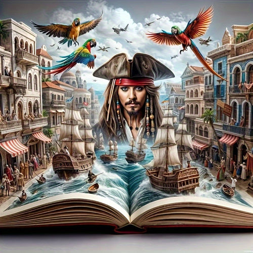 Ocean Pirate Town 5D Diamond Painting - Pirate Ship in Coastal Village with Sunset