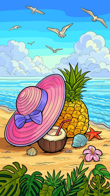Pineapple with hat and tropical birds diamond painting kit – summer coastal beach scene full drill DIY art