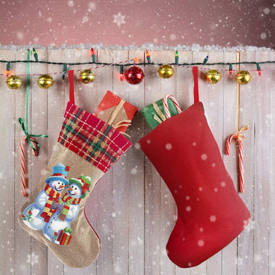 Two Snowmen Christmas Socks DIY Linen Gift Bag Kit