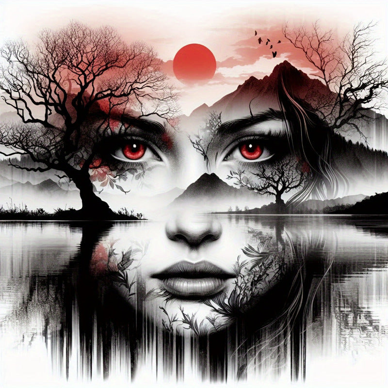 5D Diamond Painting of a woman with red eyes and trees in the background with a red sun, modern European ink art