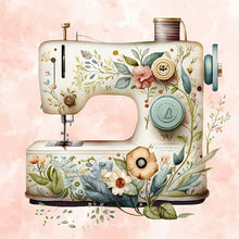 Load image into Gallery viewer, Decorative sewing machine with floral and button design on a pink background

