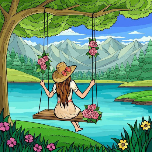 Cartoon girl on a swing with flowers against a scenic background of mountains and lake.