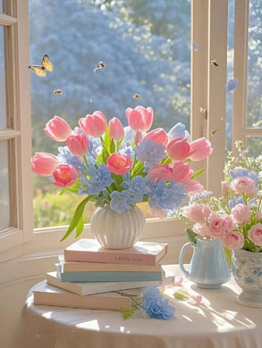 Tulip flowers by the window diamond painting kit – spring floral home décor art