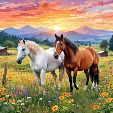 Two horses diamond painting in a sunset field ¨C colorful animal landscape DIY wall art