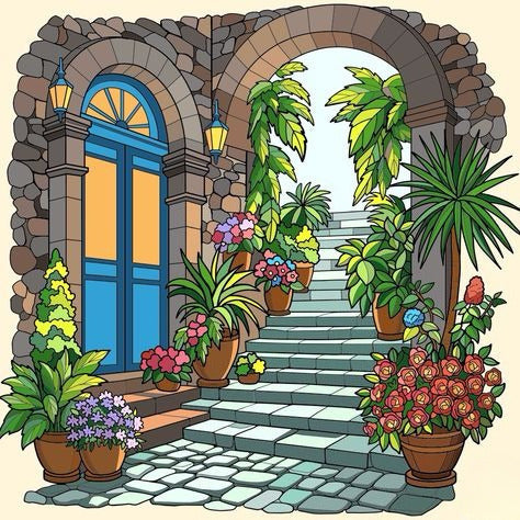 A Stone Archway With A Blue Door, Potted Plants, And A Garden Path