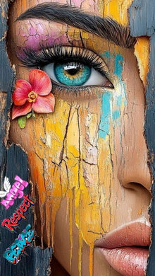 Artistic Face Diamond Painting with Colorful Eye and Cracked Texture - DIY diamond painting artwork showcasing vibrant details and colors