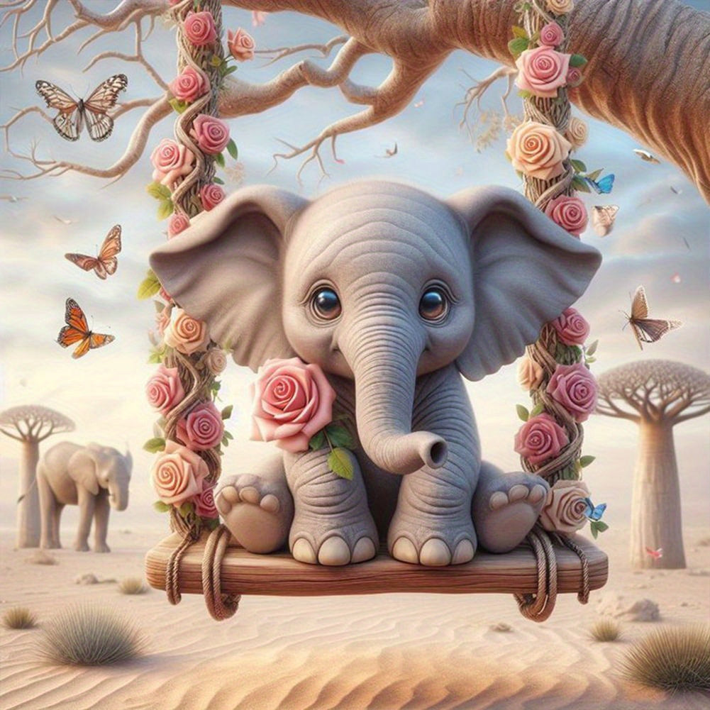 Baby Elephant on the Swing Diamond Art Kit – 5D DIY Craft for Beginners