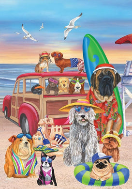 Illustration of dogs at a beach with a car, surfboard, and beach chairs.