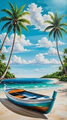 Beach Scene Diamond Painting with Boat, Palm Trees and Blue Sky - DIY diamond painting artwork showcasing vibrant details and colors