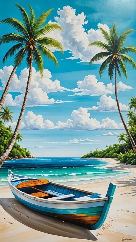 Beach Scene Diamond Painting with Boat, Palm Trees and Blue Sky - DIY diamond painting artwork showcasing vibrant details and colors