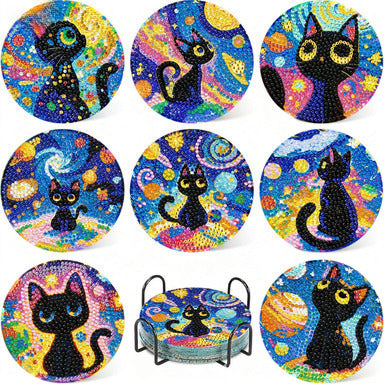 Black Cat Diamond Painting Coasters DIY 5D Art Kit with Holder