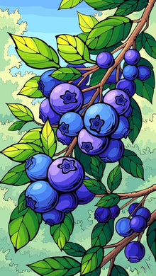Blueberries on Branch Diamond Painting with Green Leaves DIY Art - DIY diamond painting artwork showcasing vibrant details and colors