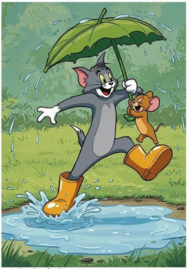 Cartoon characters under an umbrella in a rainy scene diamond painting with artistic design