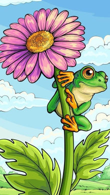 Cartoon Frog Diamond Painting Holding a Large Purple Flower - DIY diamond painting artwork showcasing vibrant details and colors