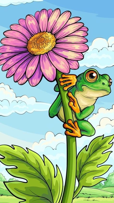 Cartoon Frog Diamond Painting Holding a Large Purple Flower - DIY diamond painting artwork showcasing vibrant details and colors