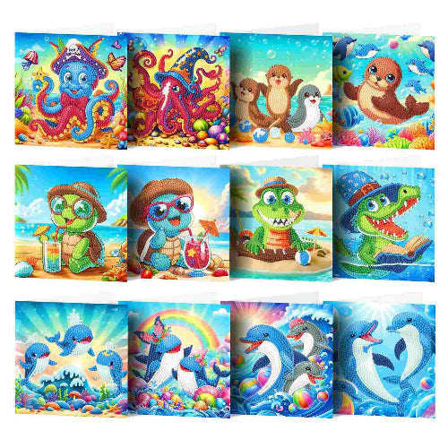 DIY Cartoon Octopus & Dolphin Christmas Diamond Painting Card Kit – Sparkling Handmade Holiday Greeting