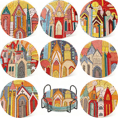 Castle diamond painting coasters DIY 8pcs round 5D fantasy art kit