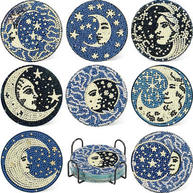 Celestial moons and stars diamond painting coasters DIY 8pcs round 5D kit