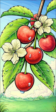 Cherries on Branch Diamond Painting with Leaves and Blue Sky - DIY diamond painting artwork showcasing vibrant details and colors