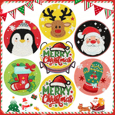 Merry Christmas Diamond Painting Coasters DIY 5D Art Kit with Holder