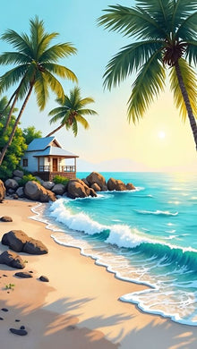 Coastal Scene Diamond Painting with House, Palm Trees, Ocean Waves - DIY diamond painting artwork showcasing vibrant details and colors