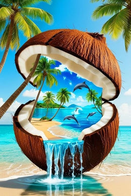 Coconut with a tropical scene inside diamond painting with artistic design