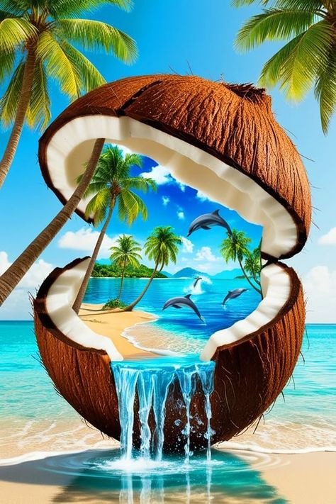 Coconut with a tropical scene inside diamond painting with artistic design