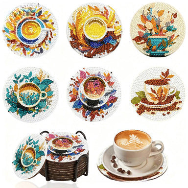 Coffee-themed diamond painting coasters DIY 5D art kit with 8pcs round wooden coasters