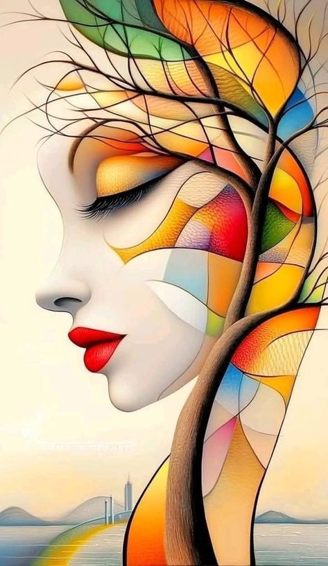 Colorful abstract art of a face with tree branches diamond painting with artistic design