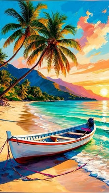Colorful Beach Sunset Diamond Painting with Boat, Palms, Mountains - DIY diamond painting artwork showcasing vibrant details and colors