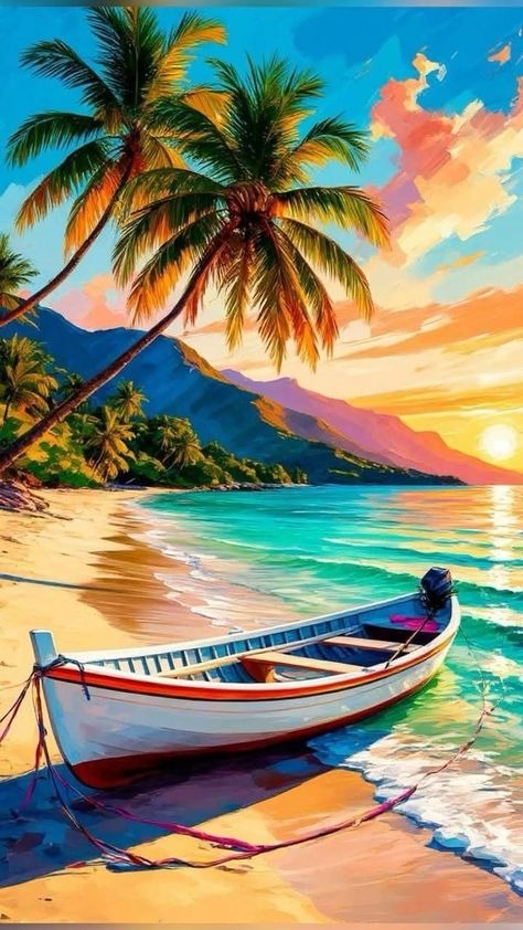 Colorful Beach Sunset Diamond Painting with Boat, Palms, Mountains - DIY diamond painting artwork showcasing vibrant details and colors
