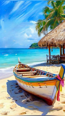 Colorful Boat on Beach Diamond Painting with Hut and Palm Trees - DIY diamond painting artwork showcasing vibrant details and colors