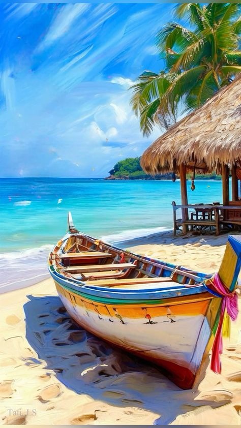 Colorful Boat on Beach Diamond Painting with Hut and Palm Trees - DIY diamond painting artwork showcasing vibrant details and colors