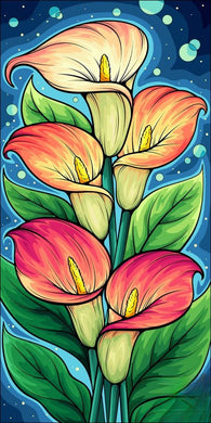 Colorful Calla Lilies Diamond Painting Kit on Blue Background - DIY diamond painting artwork showcasing vibrant details and colors