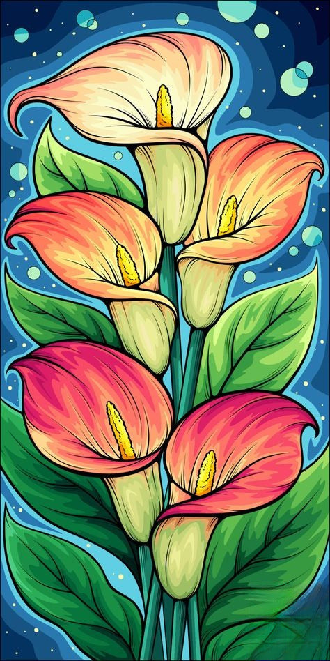 Colorful Calla Lilies Diamond Painting Kit on Blue Background - DIY diamond painting artwork showcasing vibrant details and colors
