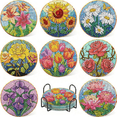 Colorful Floral Diamond Painting Coasters DIY 5D Art Kit with Holder