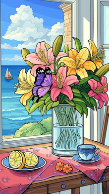 Colorful Flowers in Vase Diamond Painting with Scenic Window View - DIY diamond painting artwork showcasing vibrant details and colors
