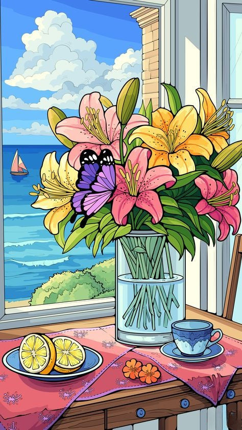 Colorful Flowers in Vase Diamond Painting with Scenic Window View - DIY diamond painting artwork showcasing vibrant details and colors