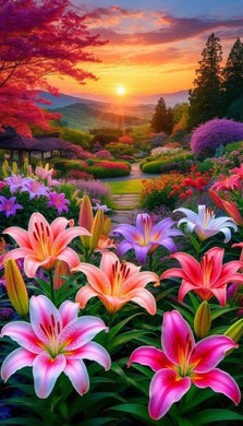 Colorful Garden Flowers Diamond Painting at Sunset DIY Craft - DIY diamond painting artwork showcasing vibrant details and colors