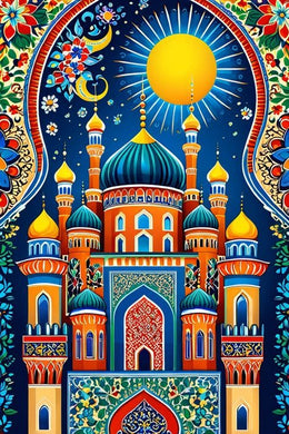 Colorful illustration of a mosque with decorative elements o diamond painting with artistic design