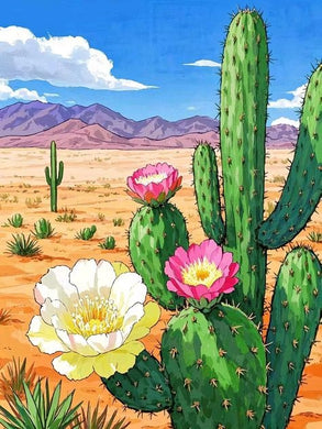 Colorful illustration of cacti with flowers in a desert land diamond painting with artistic design