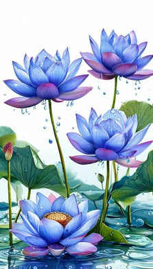 Colorful Lotus Flowers Diamond Painting with Green Leaves DIY Kit - DIY diamond painting artwork showcasing vibrant details and colors