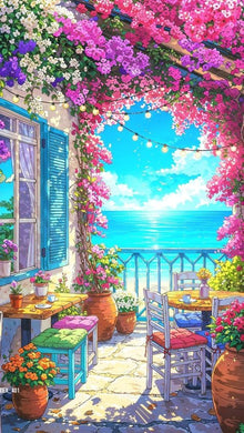 Colorful Ocean View Balcony Diamond Painting with Flowers & Chairs - DIY diamond painting artwork showcasing vibrant details and colors