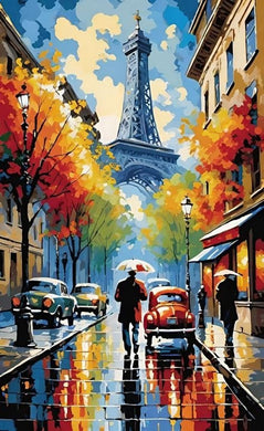 Colorful painting of a Paris street with the Eiffel Tower in diamond painting with artistic design