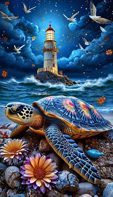 Colorful Turtle on Beach Diamond Painting with Lighthouse and Birds - DIY diamond painting artwork showcasing vibrant details and colors