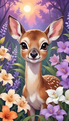 Deer in Forest Diamond Painting Surrounded by Colorful Flowers - DIY diamond painting artwork showcasing vibrant details and colors